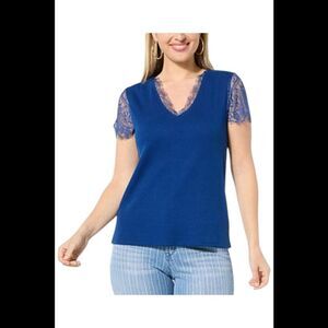 TWRHLL by Christie Brinkley Women's Lace Sleeve Knit Top Navy - Regular